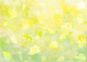 銀杏の葉が風に吹かれて飛ぶ美しい風景イラスト。水彩イラストによる幻想的な秋の模様。