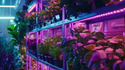 Indoor Plant Cultivation on Vertical Racks with UV Lighting and Smart Technology. Concept Indoor Gardening, Vertical Racks, UV Lighting, Smart Technology, Plant Cultivation