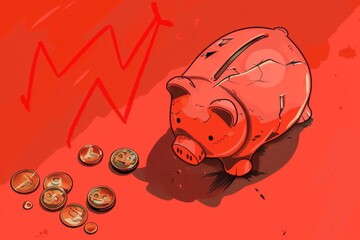 Obraz premium Broken piggy bank, rusted coins scattered, downward red financial graph, flat design, side view, economic downturn theme, watercolor, Complementary Color Scheme