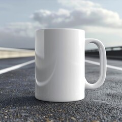 Obraz premium White Coffee Mug 15Oz Mockup, On Highways Background