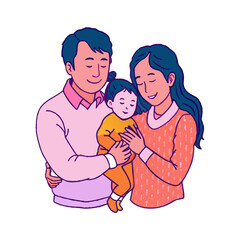 Realistic asian parents hug a children