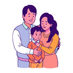 Realistic asian parents hug a children