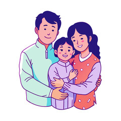Realistic asian parents hug a children