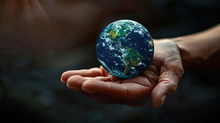 Hand gently holds a small illuminated Earth, symbolizing the importance of caring for our planet, with a dark, blurred background emphasizing the glow of the Earth.