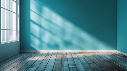 Blue turquoise empty wall and wooden floor with interesting with glare from the window. Interior background for the presentation