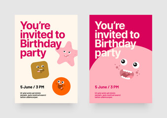 Birthday invitation layout template. Design with colorful cartoon characters and eye catching typography for your flyer, poster, cover, brochure or banner.