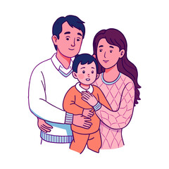 Realistic asian parents hug a children