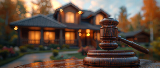 Gavel and a Suburban Home at Sunset