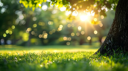 Blur park garden tree in nature background, blurry green bokeh light outdoor in summer background