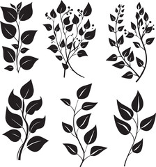 set of black silhouettes of leaves and flowers