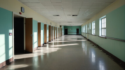 Obraz premium Shadows of the unseen: Traversing deserted hospital hallways where blurred shapes hint at the remnants of human activity now vanished, Generative AI
