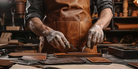 Artisan engaged in leatherworking, skillfully crafting a leather piece in a workshop, emphasizing the craftsmanship and dedication to traditional leatherworking techniques..
