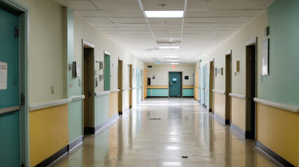 Echoes of the forgotten: Roaming through vacant hospital corridors, where blurred outlines evoke memories of bustling life now shrouded in silence, Generative AI