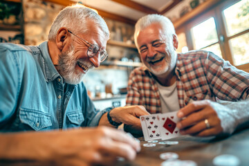 Two happy mature men playing to a card game on a table at home