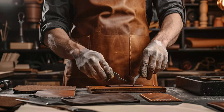 Artisan engaged in leatherworking, skillfully crafting a leather piece in a workshop, emphasizing the craftsmanship and dedication to traditional leatherworking techniques..