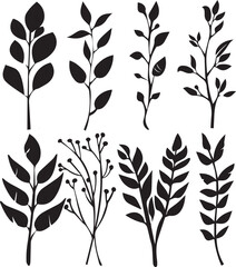 set of black silhouettes of leaves and flowers