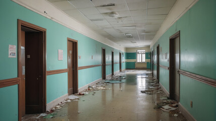 Fototapeta premium Veiled memories: Exploring abandoned hospital hallways, where blurred forms evoke the obscured recollections of a time long passed, Generative AI