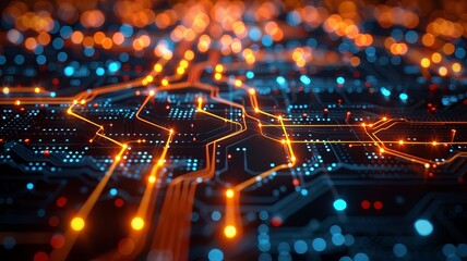 Obraz premium Futuristic circuit board close-up with glowing orange and blue lights, symbolizing advanced technology and connectivity.