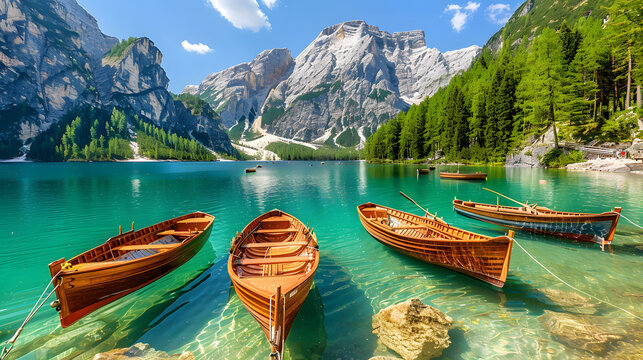 Boats on the Braies Lake ( Pragser Wildsee ) in Dolomites mountains, Sudtirol, Italy.