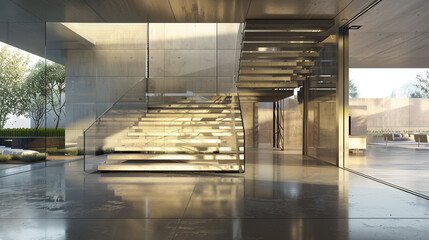  Sleek modern home entrance with a cantilevered staircase, glass panels, and a polished concrete floor