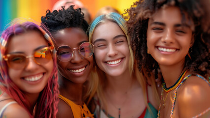 Fototapeta premium Group of Happy Friends Smiling Together Outdoors Under Colorful Rainbow at a Joyful Summer Festival 🌈😁