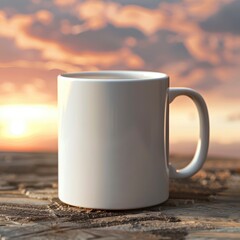 Obraz premium White Coffee Mug 15Oz Mockup, On Sunset Background