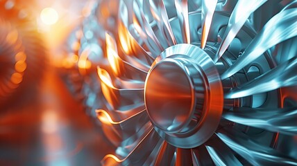 Close-up of a turbine engine fan with metallic blades, illuminated by warm light, showcasing intricate engineering design and industrial technology.