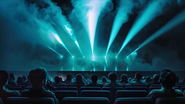 View from the back of the audience watching an action movie on a big screen in a cinema hall. Concept Cinema Experience, Movie Screening, Audience Reactions, Big Screen Entertainment