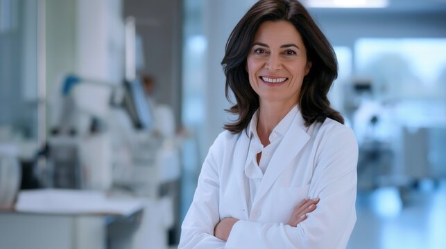 Experienced Greek Female Doctor Smiling in Modern Medical Facility, Health Care Professional Portrait for Hospital Promotion and Healthcare Design