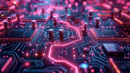 Obraz premium Close-up view of a futuristic circuit board with glowing pink and blue lights, showcasing electronic components and detailed circuitry.