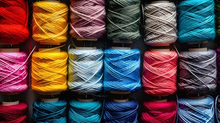 Threads in a tailor textile fabric background with colorful cotton threads of all colors