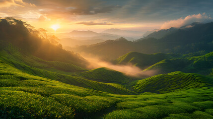 Cameron Highlands ,Malaysia. Sunrise at green tea farm mountain. Dramatic moving cloud in nature...