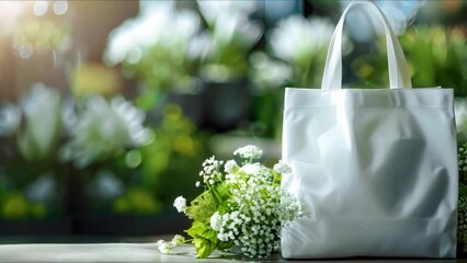 Design Concept: White Tote Bag with Floral Accents for Branding Purposes. Concept Fashion Accessories, Branding, Floral Design, White Color Palette
