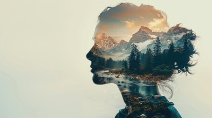 Double exposure of a woman silhouette profile overlaid with a mountainous landscape and flowing river, symbolizing the harmony between human existence and nature.