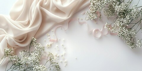 Feminine wedding desktop mockup with baby's breath Gypsophila flowers, dry green eucalyptus leaves, satin ribbon and white background. Empty space. Top view