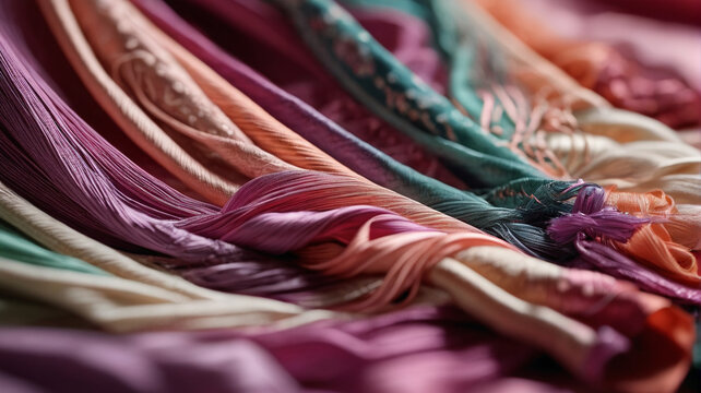 Silken Symphony: Venturing into the silk production hubs, where delicate fibers are transformed into luxurious fabrics, weaving a symphony of elegance, Generative AI