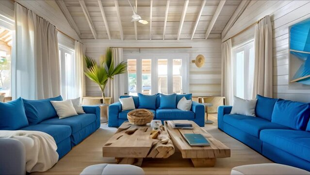 Coastal living room with whitewashed ceiling blue sofas and driftwood coffee tables. Concept Coastal Decor, Whitewashed Ceilings, Blue Sofas, Driftwood Coffee Tables