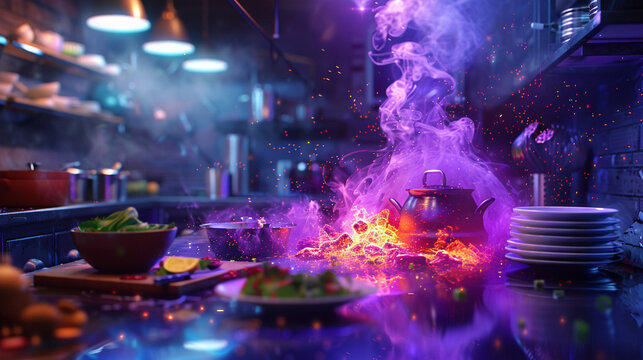 A detailed 3D depiction of imaginative cooking with magical elements, side view, blending culinary arts and enchantment, scifi tone, Tetradic color scheme