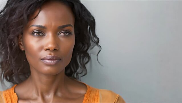 Serious middle-aged Black woman in professional headshot with neutral expression on gray background. Concept Portrait, Professional Headshot, Middle-Aged Black Woman, Neutral Expression