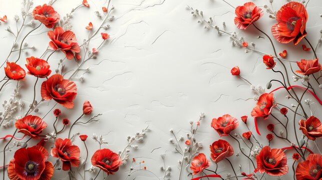 A bouquet of red flowers with green leaves and red ribbons