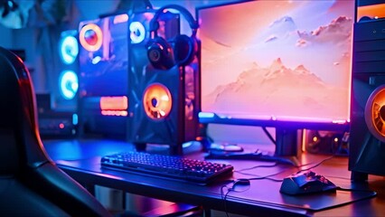 Home Office of Professional Gamer: Featuring Powerful PC, RGB Lighting, and Gaming Setup. Concept Gaming Setup, Professional Gamer, Home Office, Powerful PC, RGB Lighting