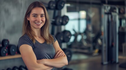 Fototapeta premium Smiling Female Fitness Trainer in Modern Gym, Inspirational Health and Wellness Concept for Fitness Motivation and Personal Training