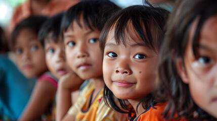 copy space, stockphoto, close up of some primary school students in a primary school classroom in Asia. Back to school theme.