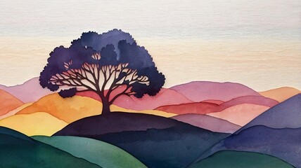 abstract watercolor tree with hill paper cutting background