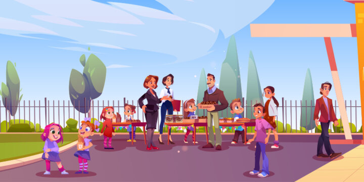 Children summer outdoor event on schoolyard or in city park with food festival. Cartoon vector illustration of kids standing near tables and selling cookies and cakes with teachers and parents.