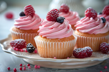 Close-up of Cupcakes topped with creamy strawberry and fresh berries, elegantly displayed in natural light. Dessert cuisine concept. 