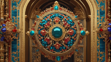 Obraz premium Majestic Ornaments: Roaming through the chambers adorned with majestic ornaments, where every jewel tells a story of conquest, diplomacy, and grand celebrations, Generative AI