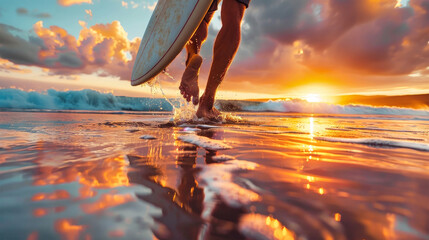 A surfer walks across a sandy beach towards the setting sun, carrying his surfboard. The water is shallow and reflecting the golden light of the sunset