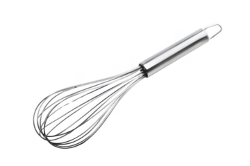 A whisk with a silver handle and black and white wires