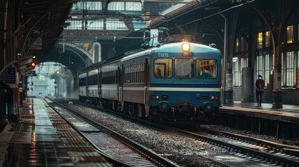 A retro blue train carriage is illuminated at dusk on a covered platform in an old-fashioned railway station setting
